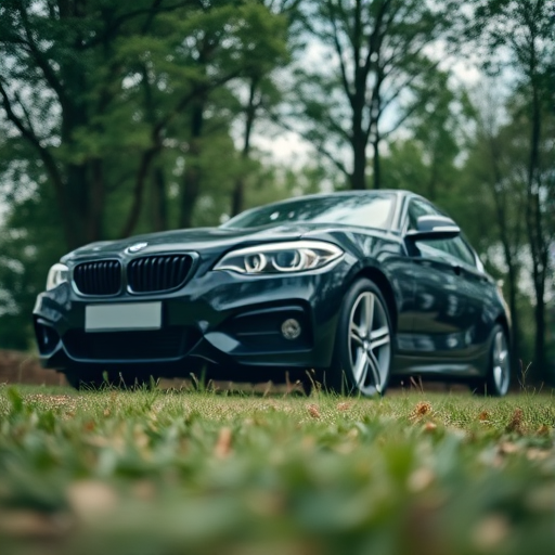 Capture a low-angle shot of a black car parked in a grassy area with trees in the background, using a DSLR camera, 35mm lens, aperture f/2.8, ISO 100, and a soft focus to enhance depth of field.