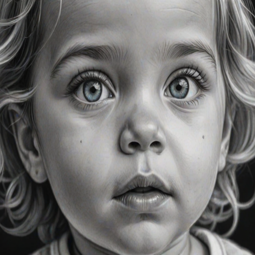 A hyperdetailed photorealistic black and white sketch of a beautiful toddler with deep cyan eyes, with a macro focus
