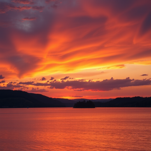 Create a high-resolution image of a sunset over a calm lake with vibrant colors in the sky, using a Canon EOS R5, 24-70mm lens, aperture f/8, shutter speed 1/120 sec, ISO 100, landscape orientation, golden hour lighting for enhanced details and contrast.