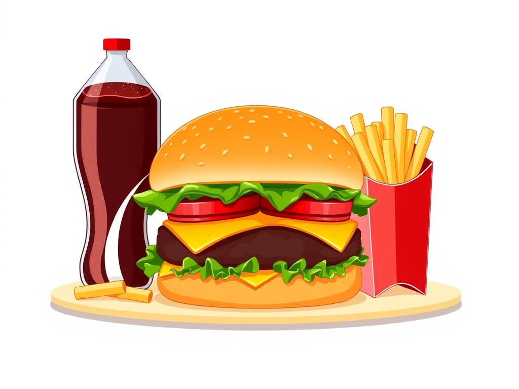 Illustration of a fast food meal featuring a hamburger, a box of fries, and a bottle of soda, captured in a high-resolution digital format, with a focus on vibrant colors and sharp details, set against a plain background, using a DSLR camera with a 50mm lens, aperture set to f/2.8 for depth of field.