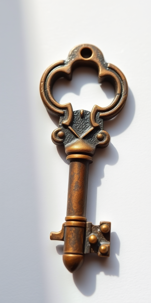 Create an image of an antique key with detailed textures, shot in natural light at an aperture of f/2.8, ISO 100, focal length of 50mm, using a macro lens for close-up detail, in a studio setting with a white backdrop for clarity.