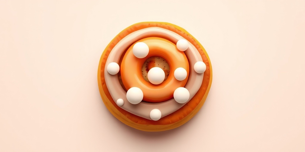 Create a high-resolution illustration of an orange cinnamon roll with white icing dots on top, using a soft focus lens, overhead view, f/2.8 aperture, ISO 100, with vibrant colors and smooth gradients for a visually appealing effect.