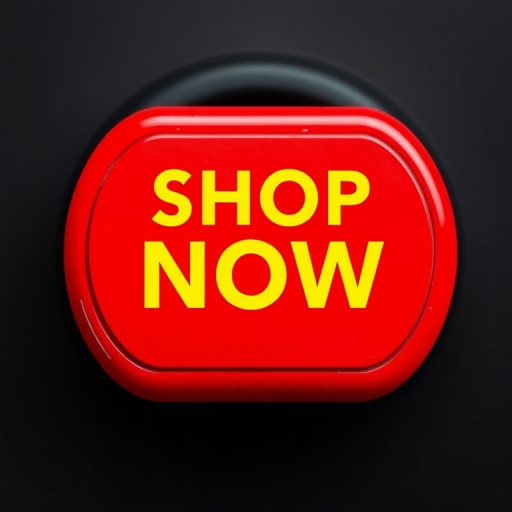 Create a vibrant red button with the text "SHOP NOW" in bold yellow font, using a Canon EOS R5 camera, 50mm lens, f/2.8 aperture, ISO 100, 1/60 shutter speed, top-down view, high-definition style.