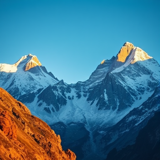 Capture a dramatic mountain landscape during golden hour with a DSLR camera, 50mm lens, f/4 aperture, ISO 100, 1/200s shutter speed, using a wide-angle view to emphasize the towering snow-covered peaks and clear blue sky.