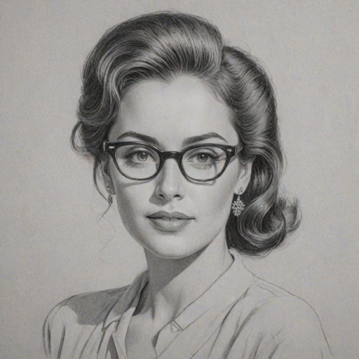 Radiant Emmy Lou Harris, pencil sketch, portrait of Charming woman 1953s in glasses, hair style beatnik, outline, clear lines, fine lines, 8k