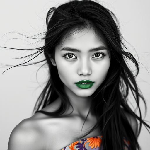 Photographic image of a beautiful young Burmese woman, white eyes, lips with green lipstick, long hair fluttering in the wind and wearing a silk strapless dress with a soft purple and orange print. monochrome image with only color highlights in the iris of the eyes, lipstick and dress. Gray background.