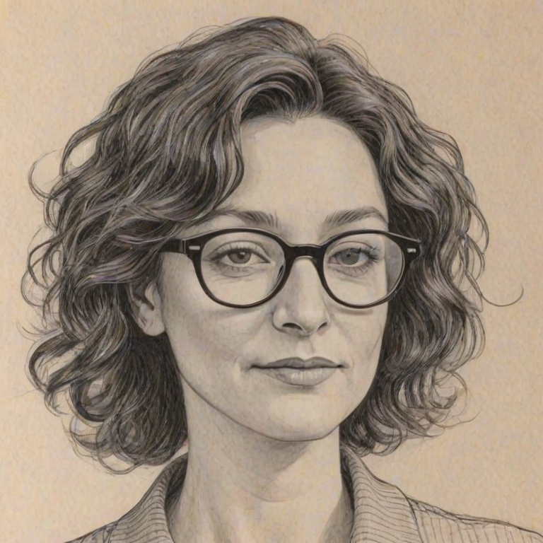 Fetching Sara Gilbert, pencil sketch, portrait of Resplendent woman 1961s in glasses, hair style beatnik, outline, clear lines, fine lines, 8k