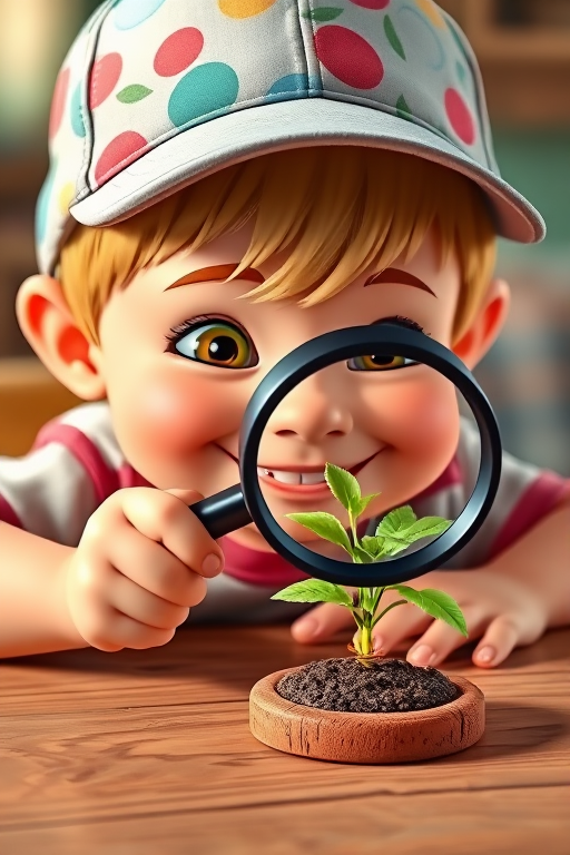 Create a colorful cartoon image of a child with a cheerful expression wearing a cap, examining a small green plant with a magnifying glass, placed on a wooden table, sharp focus, daylight illumination, 50mm lens, f/2.8 aperture, DSLR camera.