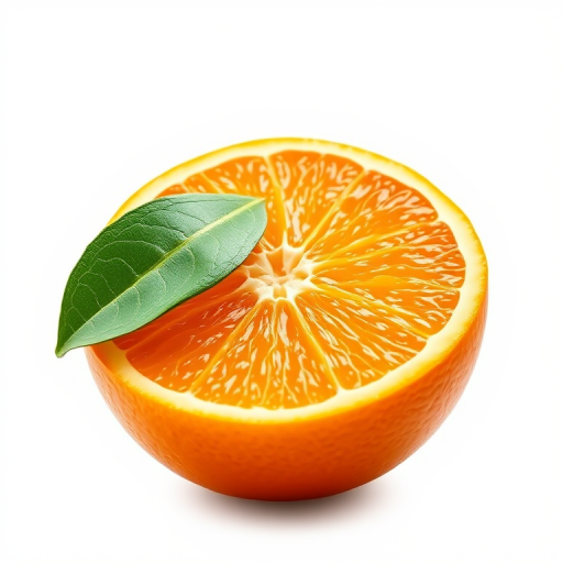Generate a vibrant and detailed vector illustration of a half orange with a leaf on top, using a DSLR camera at f/2.8, 50mm lens, ISO 100, and soft diffused lighting for enhanced texture and color clarity, viewed from a slight angle to emphasize depth.