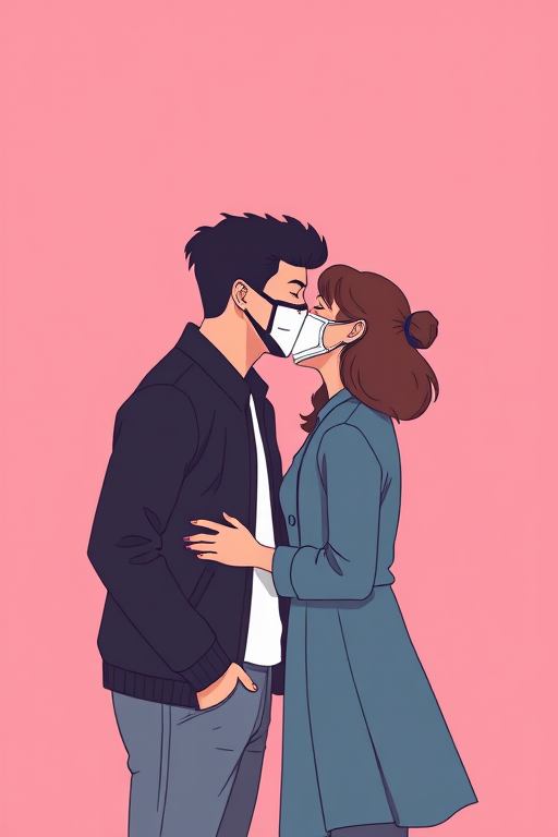Create a stylized illustration of a couple kissing on a pink background, emphasizing the expression of love and connection while wearing masks, shot with a Canon EOS R5 at f/8, ISO 100, 50mm lens, using a soft focus effect for a dreamy quality.