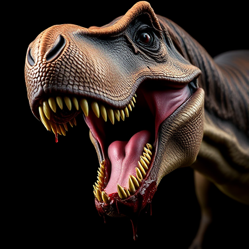 Create a highly detailed and realistic close-up of a Tyrannosaurus rex head with blood dripping from its mouth, set against a black background, using a Nikon D850 camera with a 85mm f/1.4 lens, shot at ISO 100, aperture f/2.8, and a shutter speed of 1/200 sec to enhance image clarity and depth.