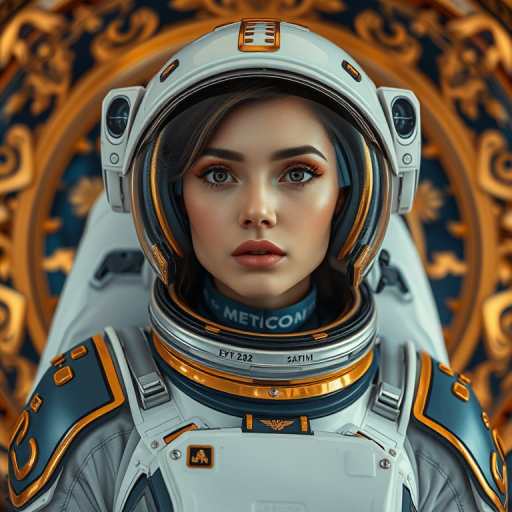 Regenerate an image of a futuristic female astronaut with intricate golden details in her suit, set against an ornate backdrop with celestial elements, captured using a Canon EOS R5 with a 50mm f/1.2 lens, at ISO 100, aperture f/2.8, and a soft focus technique to enhance the ethereal quality and vibrant colors.