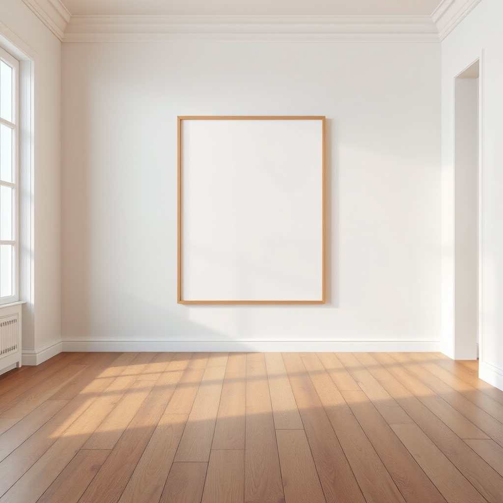 Create a minimalistic interior scene featuring a large empty frame on a white wall with a wooden floor, using a Canon EOS R5 camera, 24mm lens, f/8 aperture, ISO 100, shot from a low angle perspective, natural soft lighting.