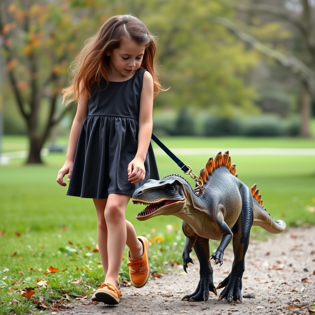 12 year old girl in a dress walking her pet Velociraptor on a leash through a park