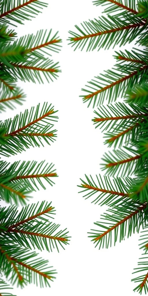 A close-up shot of evergreen branches framing the top of the image with a clean white background, taken with a DSLR camera, aperture f/2.8, shutter speed 1/200s, ISO 100, with a macro lens for enhanced detail and depth of field.