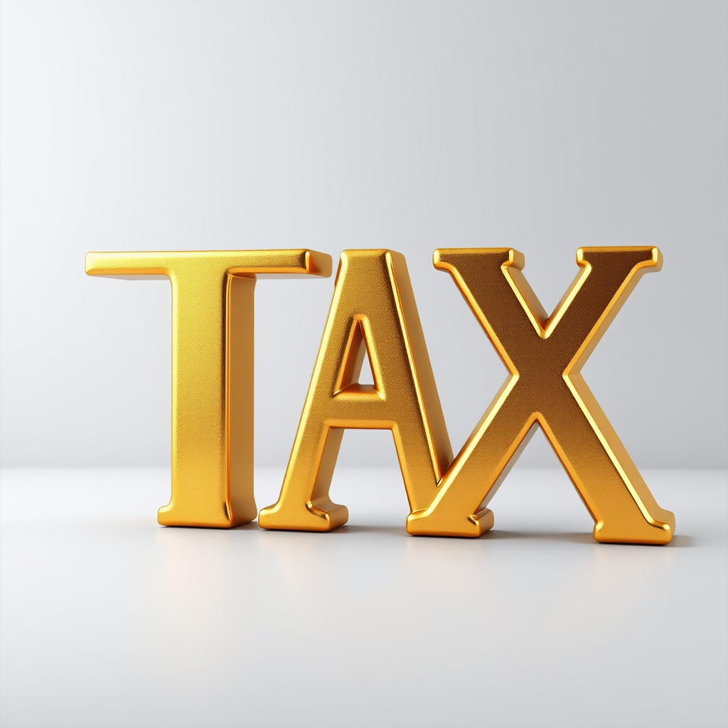Create a 3D gold text rendering of the word "TAX" with a glossy finish, using a DSLR camera with a 50mm lens, aperture f/2.8, ISO 100, 1/200s shutter speed, in a well-lit studio setting with soft shadows and a blurred gradient background.