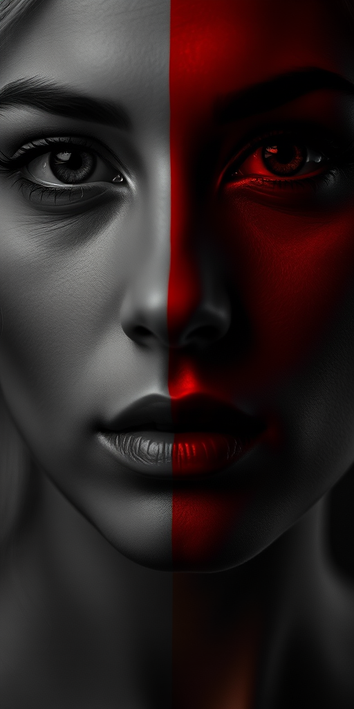 high-resolution portrait of a woman's face divided into two halves, one side in grayscale and the other in deep red and black, dramatic lighting with high contrast, soft focus with a shallow depth of field, 50mm lens, f/1.8 aperture, ISO 100, 1/125s shutter speed, taken with a full-frame DSLR camera, side lighting for a moody effect.