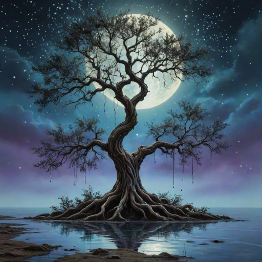 painting of a tree with a full moon in the background and water dripping from its branches, fantasy art, alcohol ink, 3D, 4K, HDRi