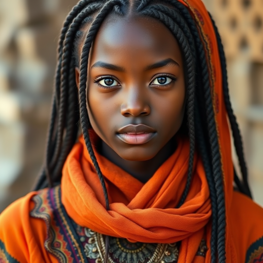 portrait of a young woman with braided hair wearing a vibrant orange scarf and intricate clothing, soft natural lighting, shallow depth of field, 85mm lens at f/1.8, taken with a DSLR camera, focus on eyes