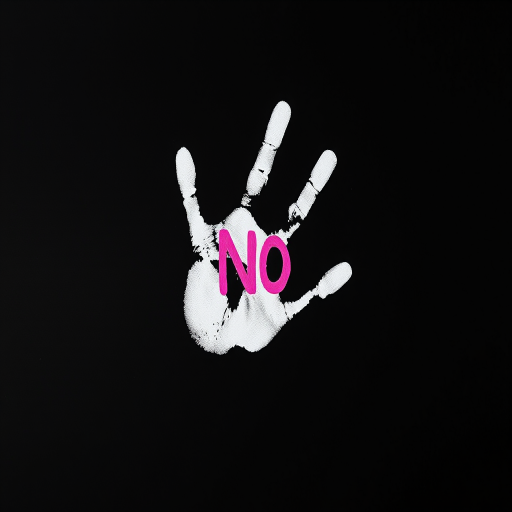 Create an image of a white handprint on a black background with scattered pink text saying "NO," using a Canon EOS R5 camera, 50mm f/1.2 lens, aperture f/2.8, ISO 100, 1/125s shutter speed, focused in a high-contrast style to enhance details and clarity.