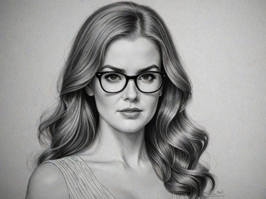 Fascinating Isla Fisher, pencil sketch, portrait of Stunning woman 1936s in glasses, hair style beatnik, outline, clear lines, fine lines, 8k