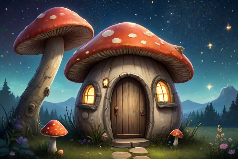 create illustration of a mushroom house with a door and a window, a storybook , fantasy art, mushroom house, bg starry sky, sparkles