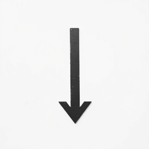 Create a high-resolution image of a dark gray downward arrow on a white background, using a DSLR camera, 50mm lens, aperture f/2.8, ISO 100, and a slight overhead angle to enhance details and contrast.