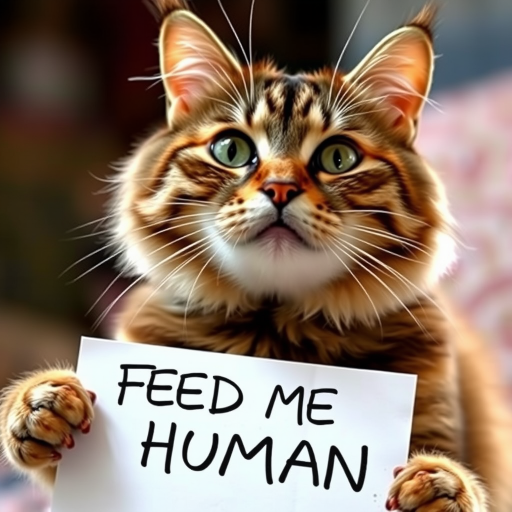 cat holding a note which says "FEED ME HUMAN"
