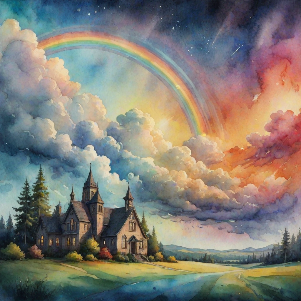 A whimsical and surreal sky with a vibrant rainbow, featuring dramatic lighting effects and a textured watercolor background, with a touch of gothic aesthetic.
