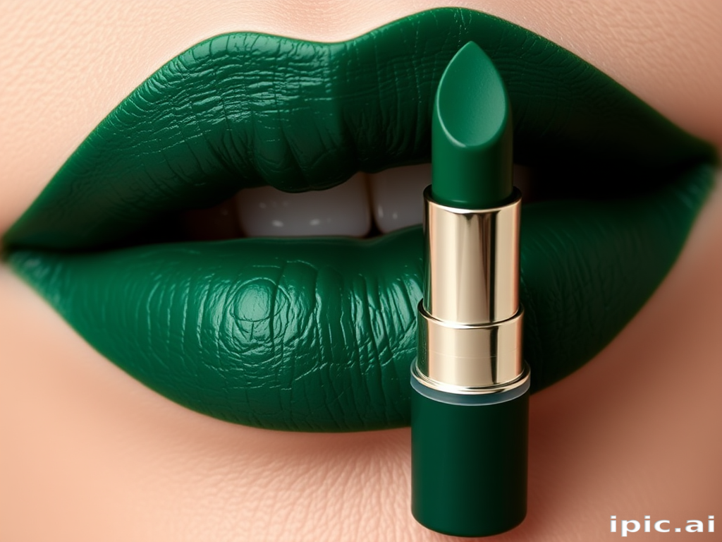 Deep emerald green cream lipstick "Enchanted Forest" with a semi-matte finish and rich jewel-tone pigments, ideal for dramatic and high-fashion makeup looks, comfortable wear