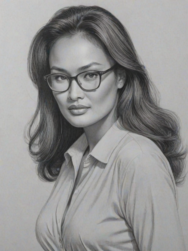 Charming Tia Carrere, pencil sketch, portrait of Elegant woman 1958s in glasses, hair style beatnik, outline, clear lines, fine lines, 8k