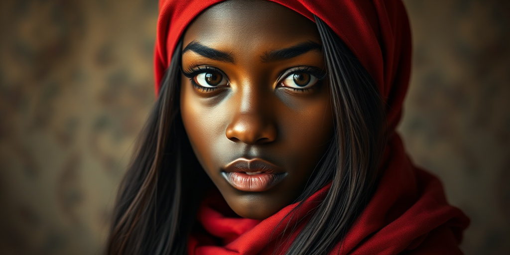 Create a portrait of a young African American woman with long, dark hair and captivating hazel eyes. She is wearing a red headscarf and a matching scarf draped gracefully around her neck. The background is softly blurred, focusing attention on her serene and natural expression. The overall color palette is muted and warm, enhancing the intimate and authentic feel of the portrait.