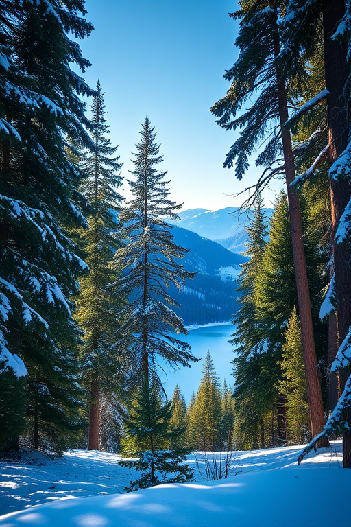 snow-covered forest landscape with tall evergreen trees, soft sunlight filtering through branches, clear blue sky, tranquil frozen lake in a valley, shot with a Canon EOS R5 at f/11, ISO 100, 24mm focal length, using landscape photography style for vibrant colors and depth.