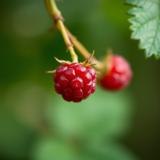Close-up of a ripe raspberry on a blurred background with soft bokeh, captured with a Canon EOS 5D Mark IV, 100mm f/2.8 macro lens, aperture f/2.8, shutter speed 1/200s, ISO 100, natural light.