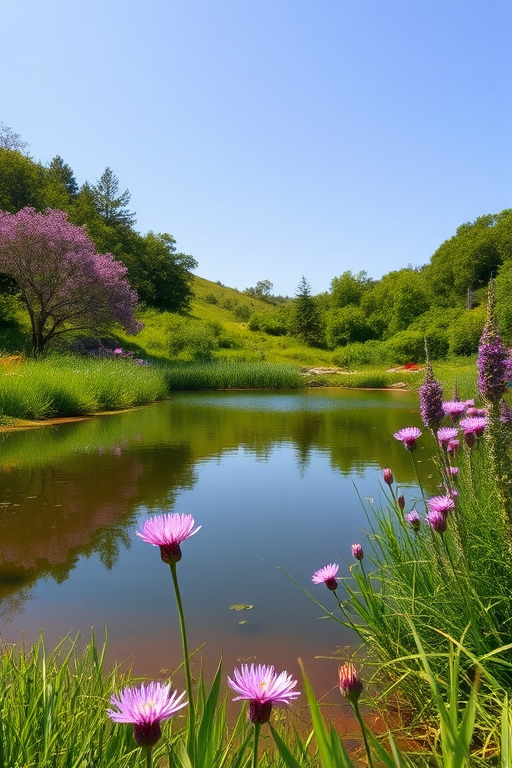 Scenic landscape with a calm pond surrounded by lush greenery and blooming purple flowers, taken with a DSLR camera at 24mm, aperture f/8, ISO 100, and a polarizing filter for enhanced colors and clarity, shot in natural light.