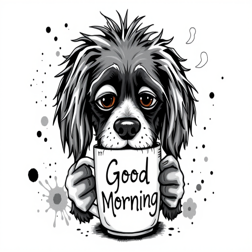 A quirky, artistic illustration of a disheveled field spaniel dog breed with exaggerated, large eyes and spiky fur, holding a coffee mug that reads "Good Morning". The dog has a tired but humorous expression, with ink splatters and abstract details surrounding it, giving a whimsical feel to the image. The color palette is mostly monochrome with hints of black in the eyes and steam rising from the mug, enhancing the overall sleepy vibe