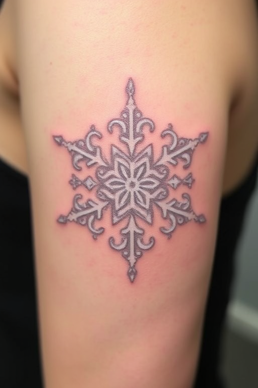 Delicate white ink tattoo titled "Frost Lace" showcasing an intricate snowflake pattern with delicate swirls and filigree details, appearing as a subtle raised design on the skin