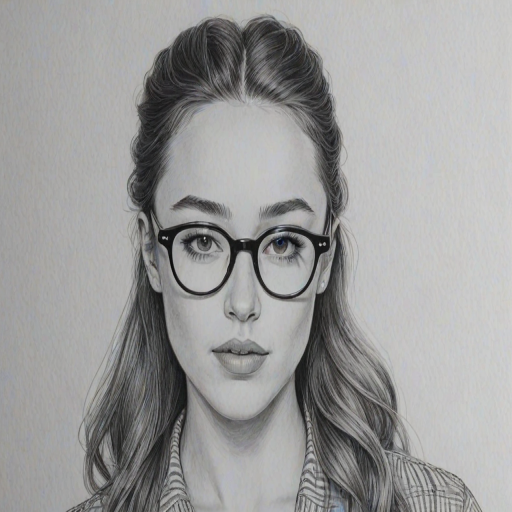 Delightful Alycia Debnam-Carey, pencil sketch, portrait of Fetching woman 1960s in glasses, hair style beatnik, outline, clear lines, fine lines, 8k