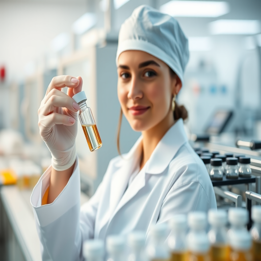 Capture a high-quality image of a laboratory setting with a woman in a white lab coat and cap holding a vial, surrounded by a production line of vials, using a shallow depth of field and soft lighting, shot with a Canon EOS R5 at 50mm, f/1.8, ISO 100, with a focused view on the woman and a blurred background to enhance detail and depth.