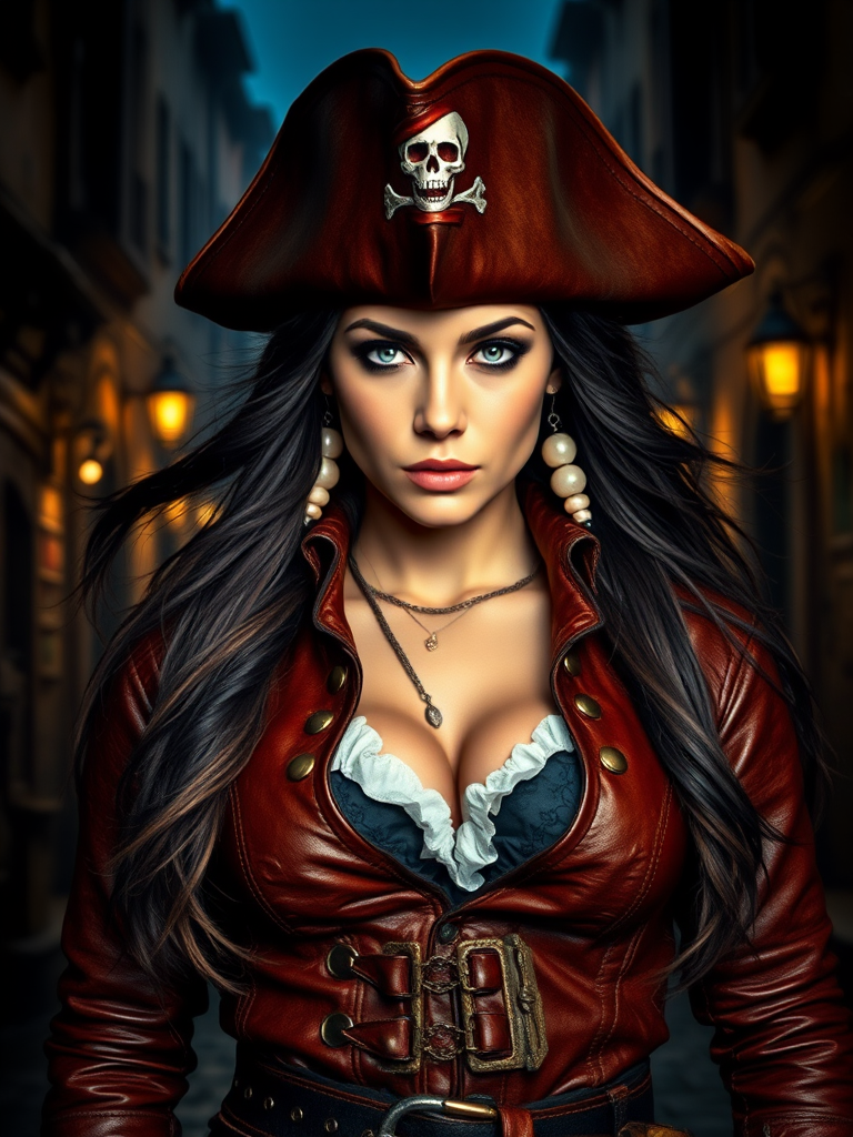 Create a portrait of a fierce female pirate. She wears a leather tricorn hat adorned with a skull and crossbones emblem, and her long, dark hair flows around her face. Her outfit consists of a richly detailed leather jacket, a corset, and multiple layers of belts and accessories, giving her a formidable and stylish appearance. She stands confidently in a dimly lit, historic port town, with a backdrop of weathered buildings and cobblestone streets, capturing the adventurous spirit of a pirate.