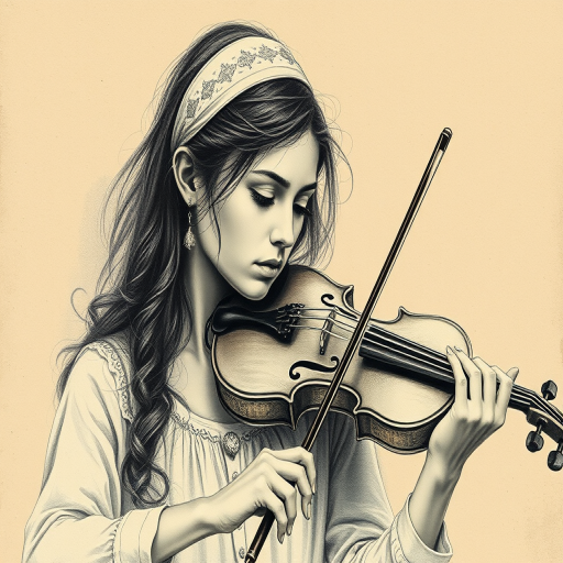 a young Romani woman with a white headband playing a violin, in the style of a charcoal drawing, sepia grunge background