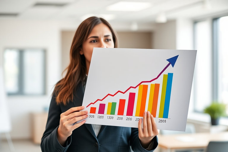 Create an image of a professional woman holding a presentation board with colorful bar graphs and an upward trending arrow, captured with a DSLR camera at f/2.8 aperture, ISO 200, 50mm lens for sharpness and depth of field, in a bright, well-lit office environment.