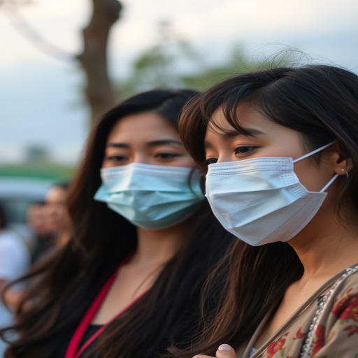 Portrait of two women with masks in a serene outdoor setting, capturing their expressions of devotion, focus on soft lighting, aperture f/2.8, shutter speed 1/200, ISO 100, shot from a slightly low angle with a shallow depth of field using a DSLR camera.