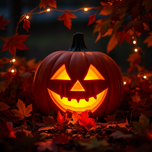 A glowing jack-o-lantern surrounded by colorful autumn leaves and warm fairy lights in a dark outdoor setting.