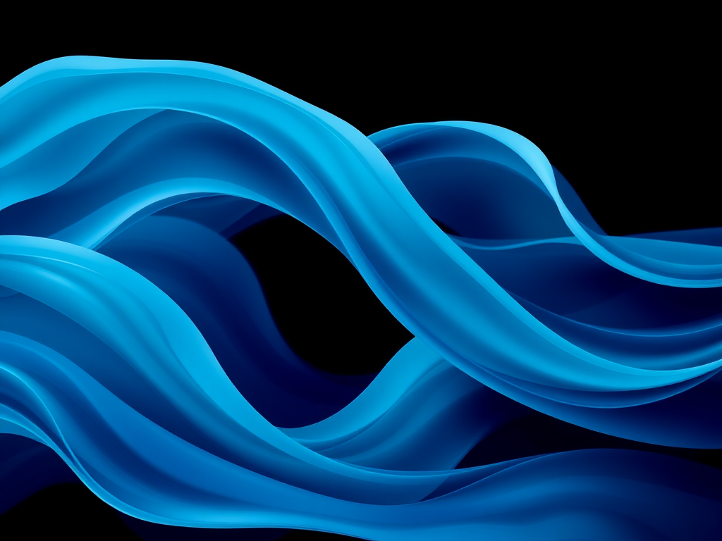 Create an abstract image featuring smooth, flowing waves in various shades of blue against a dark background, using a DSLR camera, focal length of 35mm, aperture f/8, ISO 100, captured from a straight-on view with vibrant color enhancement settings.
