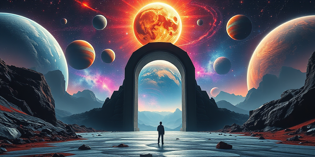 Generate a stunning high-resolution sci-fi landscape featuring a majestic archway leading to a cosmic realm filled with vibrant planets and swirling galaxies, with a lone figure standing at the entrance, taken with a Canon EOS R5 at f/1.8, ISO 100, 24mm lens, in a dramatic wide-angle view with a hyper-realistic rendering style.