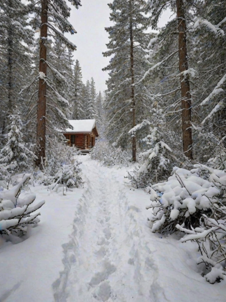 Snow-covered path leading through a dense forest, the crunch of boots in the fresh snow, and a small cabin visible in the distance.