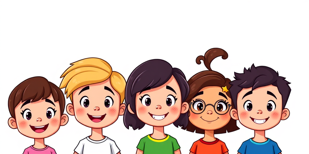 Create a vibrant vector illustration of five cartoon children with diverse hairstyles and expressions, captured in a colorful flat design style, using a high-resolution digital camera, f/8 aperture, 50mm lens, natural lighting, and a clear background for enhanced quality.