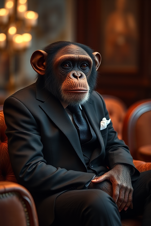 create a hyper-realistic image of a sophisticated chimpanzee in a tailored suit sitting in a luxurious setting with warm ambient lighting, captured with a Canon EOS R5, 50mm lens at f/1.8, ISO 100, with a shallow depth of field to focus on the subject and create a soft bokeh background.