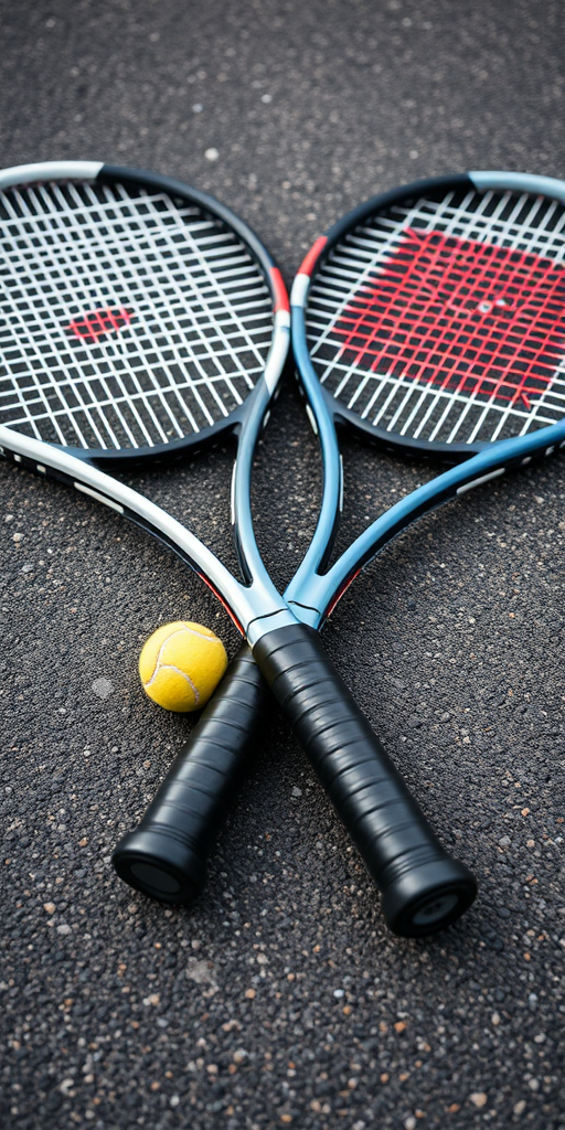 Capture a close-up shot of two tennis rackets crossed on a textured asphalt surface with a tennis ball beside them, using a DSLR camera set to f/2.8, ISO 100, shutter speed 1/200s, natural lighting, and a shallow depth of field to highlight the details of the rackets and ball.